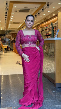 Elegant Crepe Drape Saree with Handwork Blouse – Designer Drape Collection