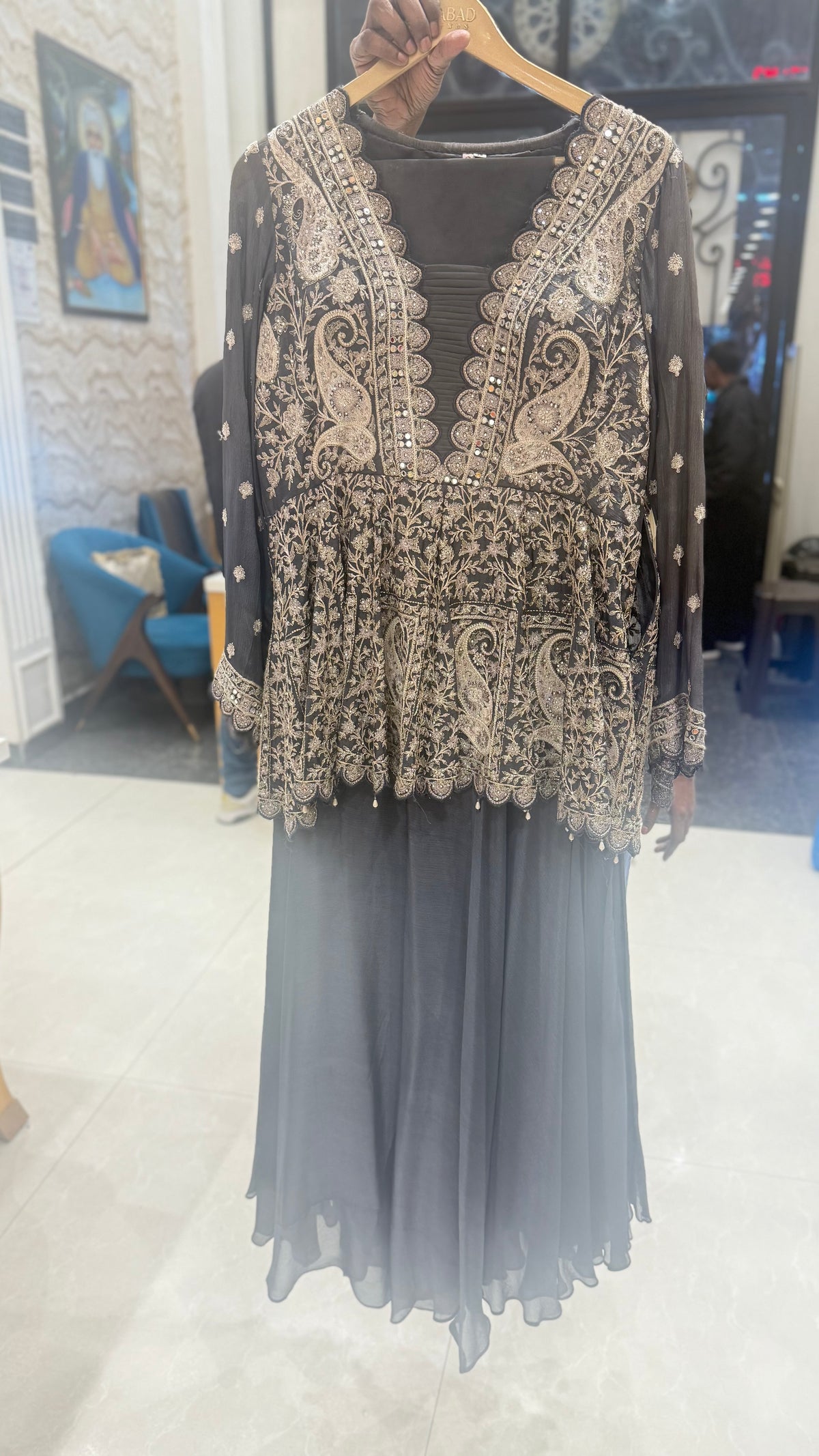 Graceful Chinon Suit with Machine Embroidery