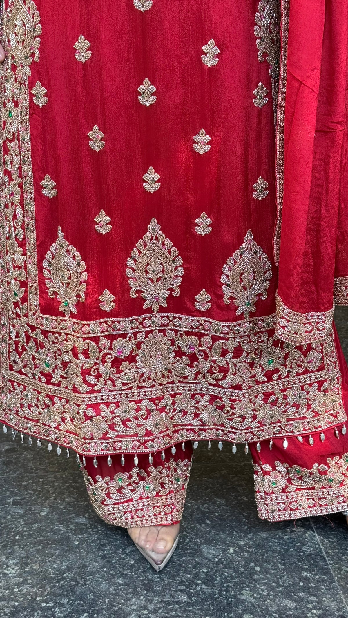 Designer Chinon Suit Set with Multicolour Stone & Beads Work (customisation available for 46/48 size)