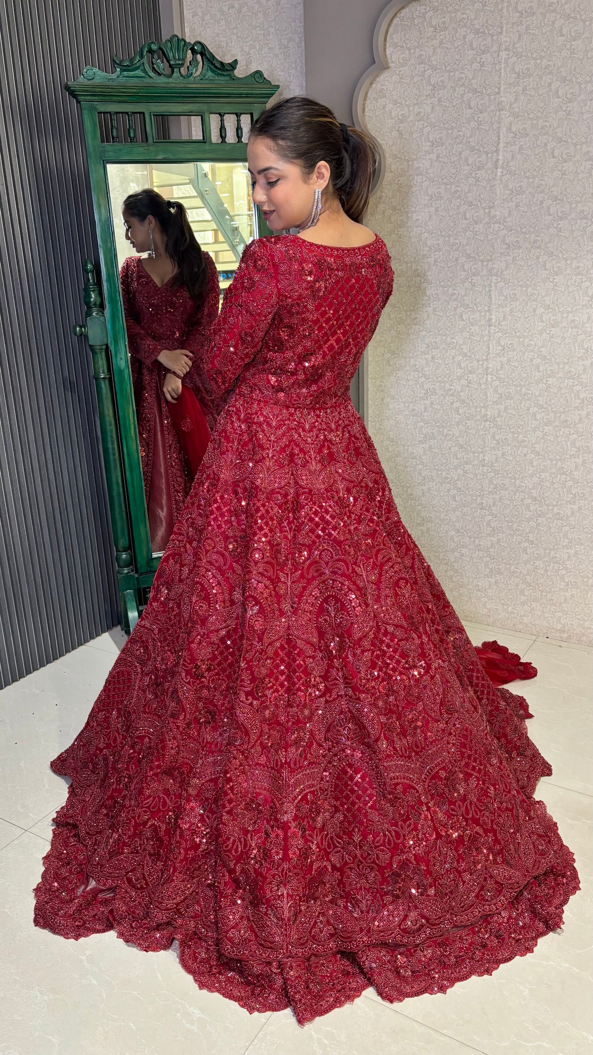 Long jacket lehenga.. pearls cutdana sequin stones work