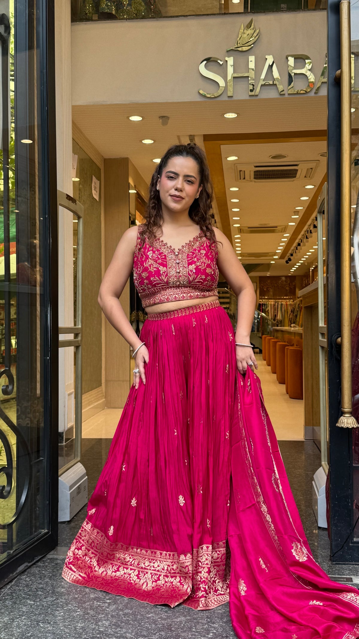 Silk Indo-Western Set with Dabka, Pearl & Stone Work Blouse and Banarasi Weaving Bottom