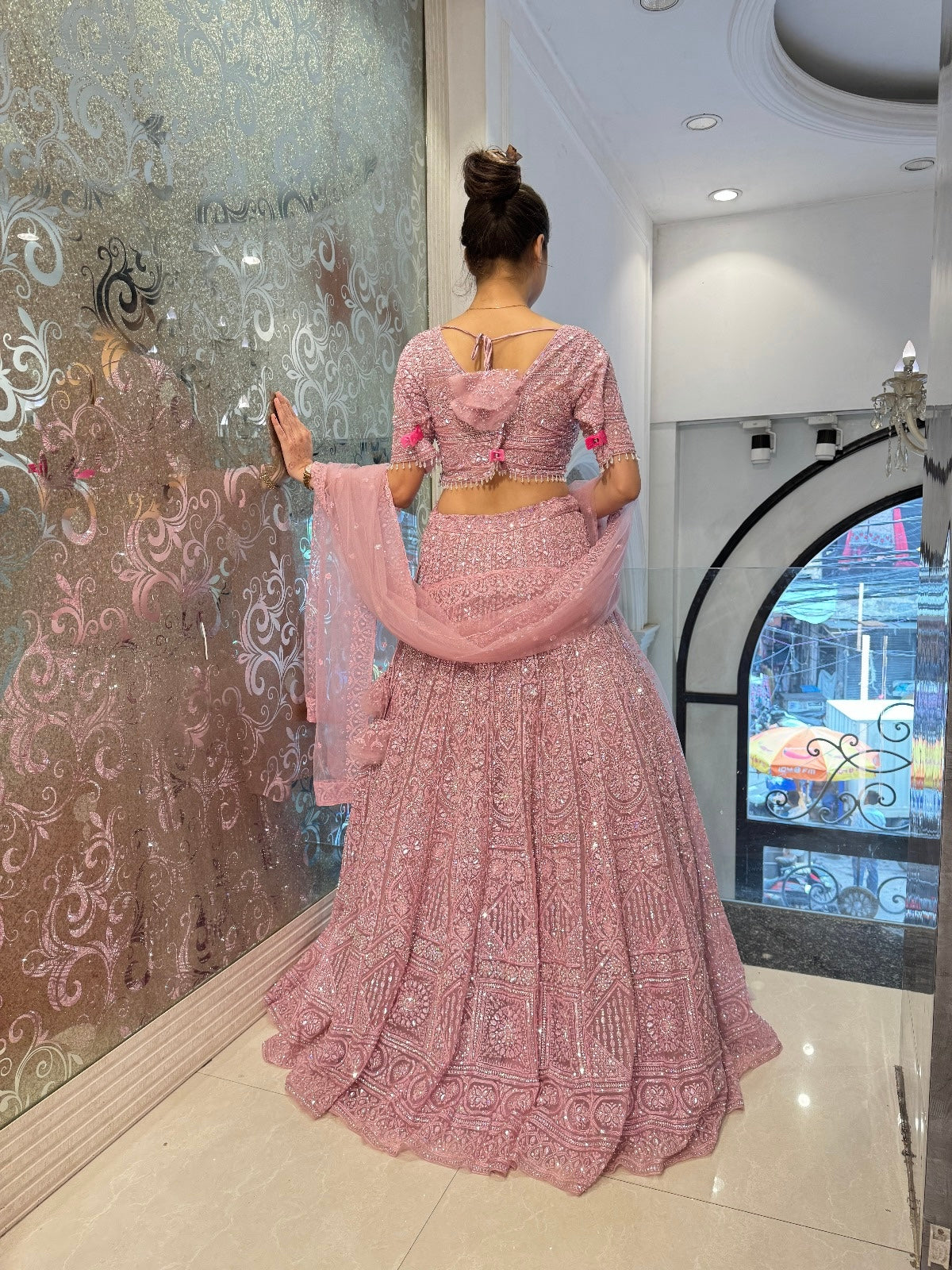 Sparkling Pink Net Lehenga with Jarkan & Sequin Embroidery