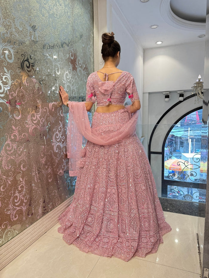 Sparkling Pink Net Lehenga with Jarkan & Sequin Embroidery