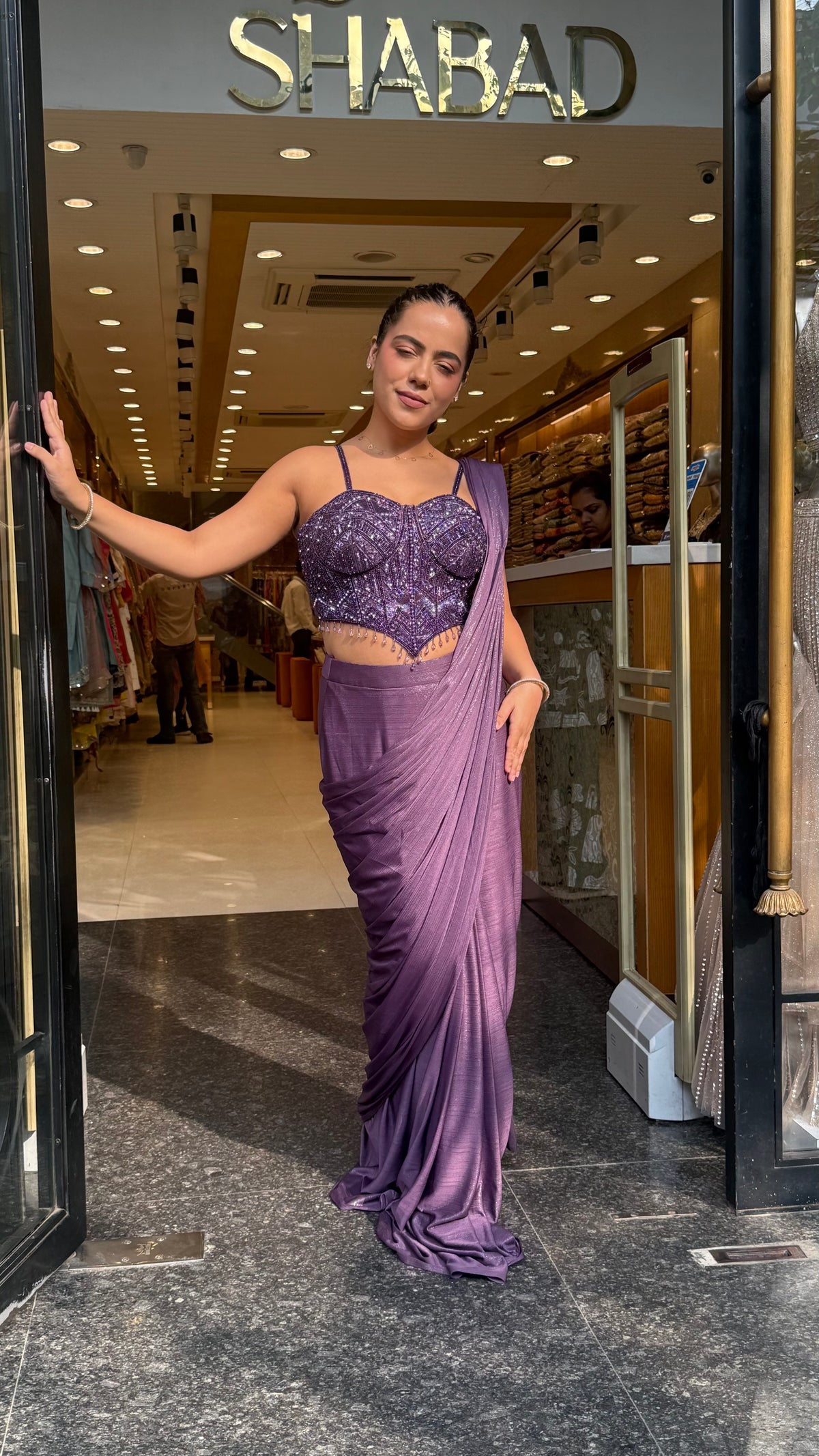 Shimmer Lycra Drape Saree with Handwork Corset Blouse