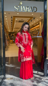 Silk Suit Set with Chinon Garara – Dori, Pearl & Gotta Detailing