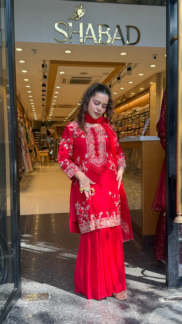 Silk Suit Set with Chinon Garara – Dori, Pearl & Gotta Detailing
