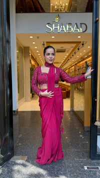 Elegant Crepe Drape Saree with Handwork Blouse – Designer Drape Collection