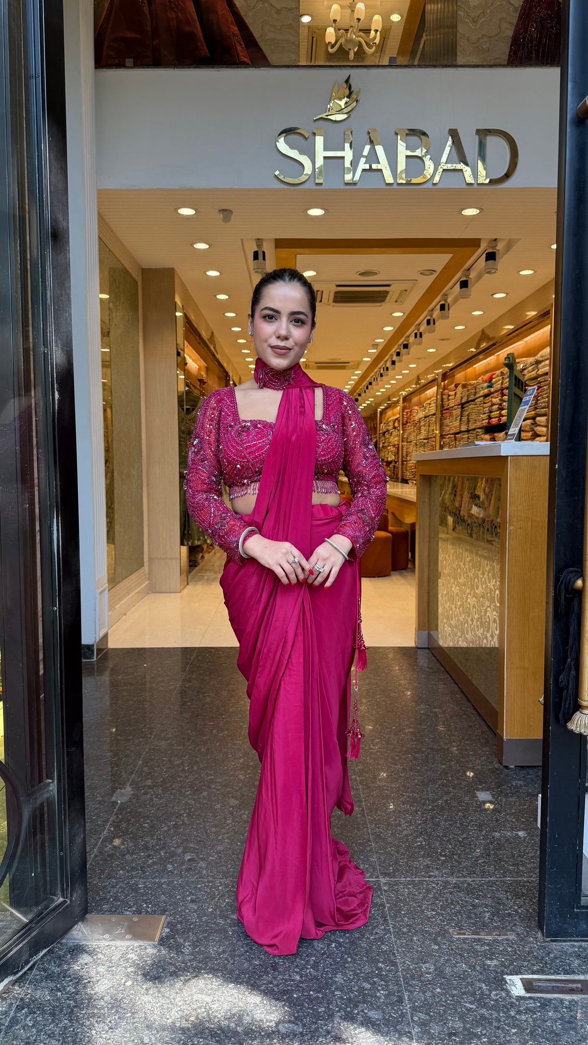 Elegant Crepe Drape Saree with Handwork Blouse – Designer Drape Collection