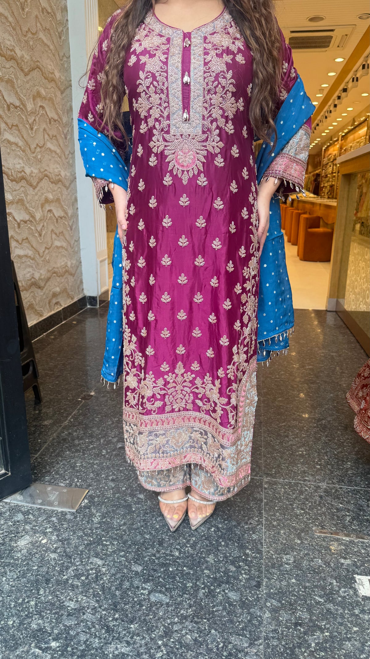 Long Pakistani Suit Set in Satin Silk with Beads Handwork (Copy)