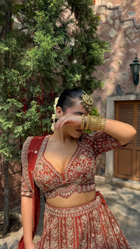 Pure Raw Silk Dori & Thread Embroidered Lehenga with Pearl, Sequin & Stone Detailing