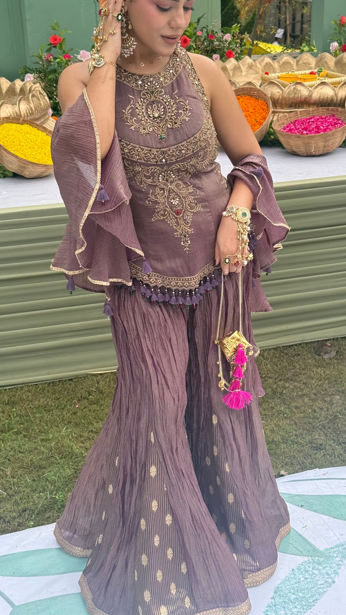 Designer Shimmer Silk Indo-Western Set with Handwork & Crush Tissue Bottom