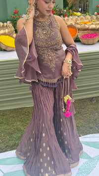 Designer Shimmer Silk Indo-Western Set with Handwork & Crush Tissue Bottom