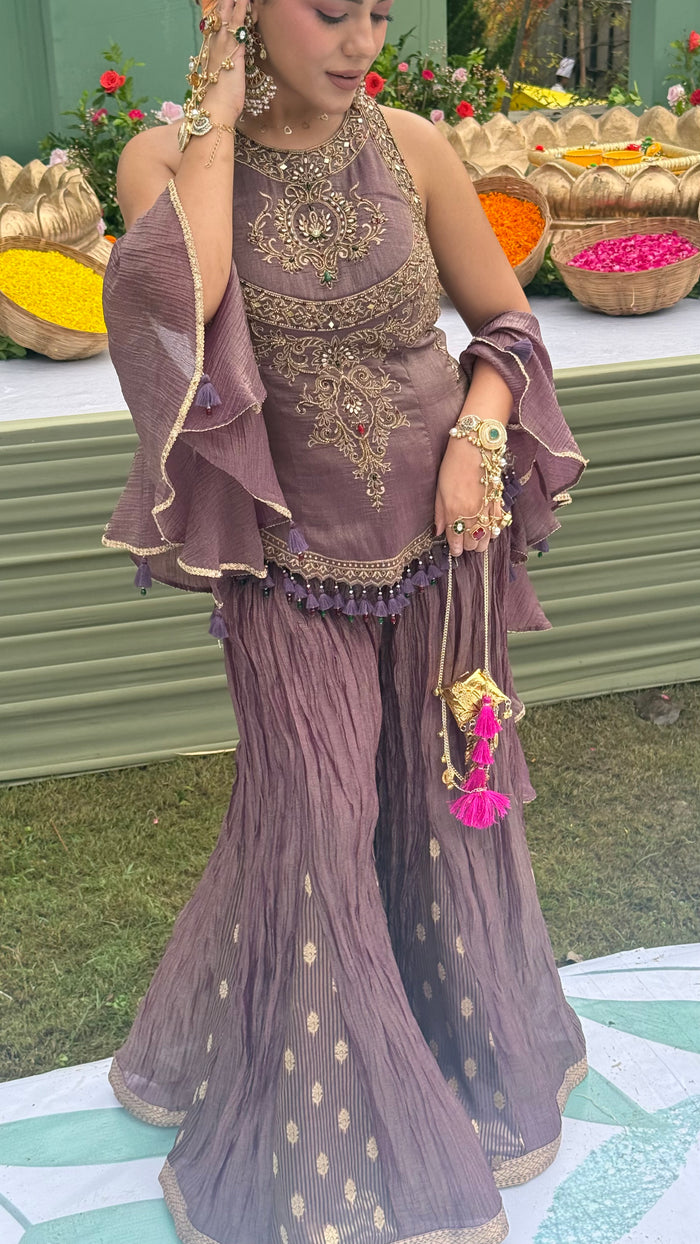 Designer Shimmer Silk Indo-Western Set with Handwork & Crush Tissue Bottom