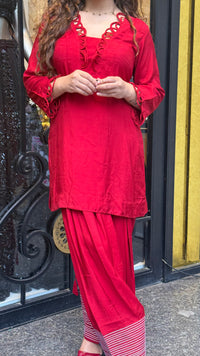 Rayon Cotton Farshi Salwar Co-ord Set with Lace Work Neckline & Sleeves