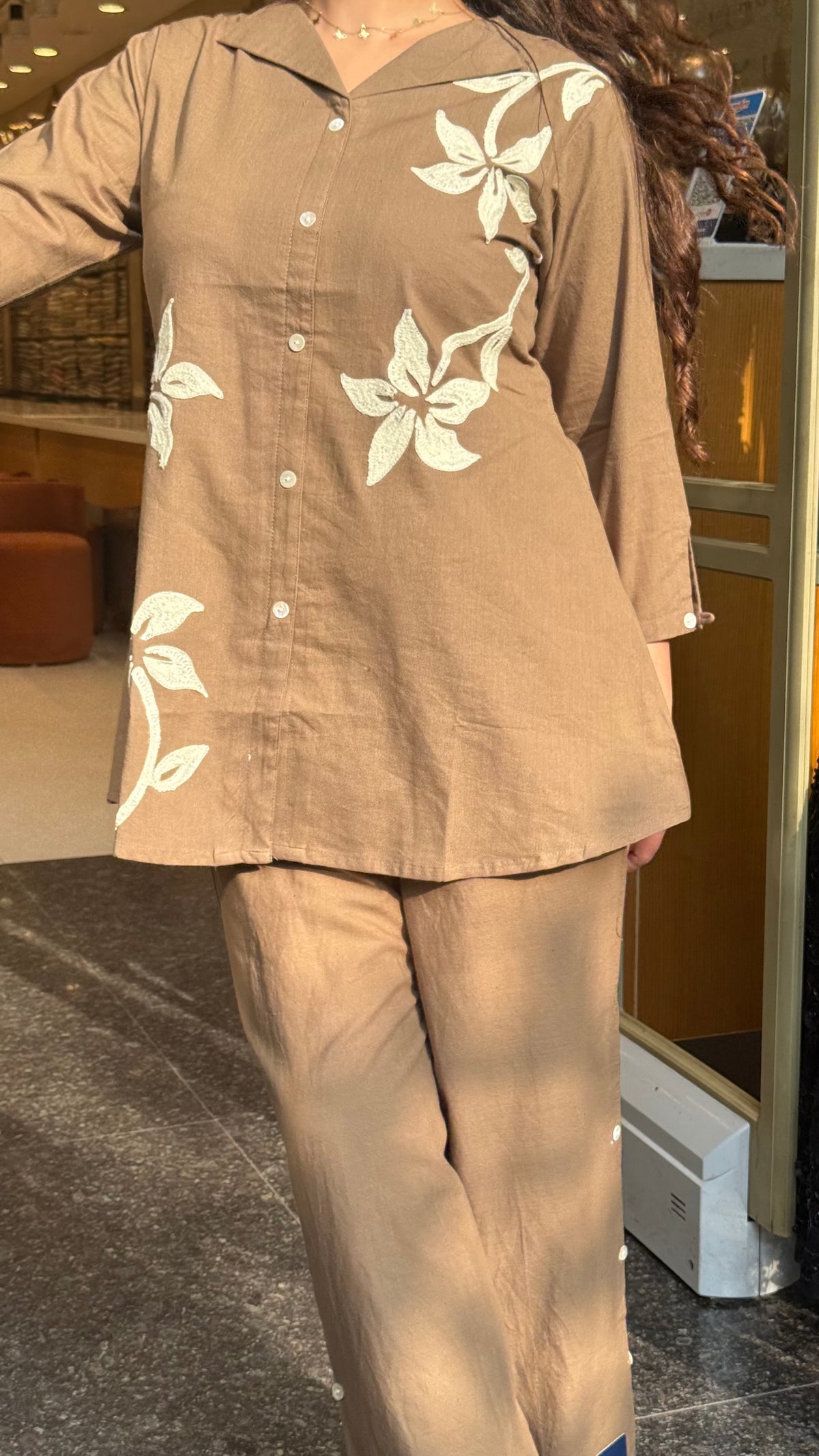Cotton Appliqué Work Co-Ord Set with Bell Bottom Pants