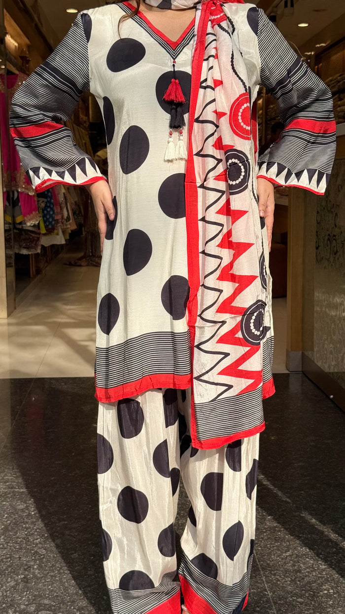 Budget friendly 
Muslin fabric polka dot print
Farshi salwar