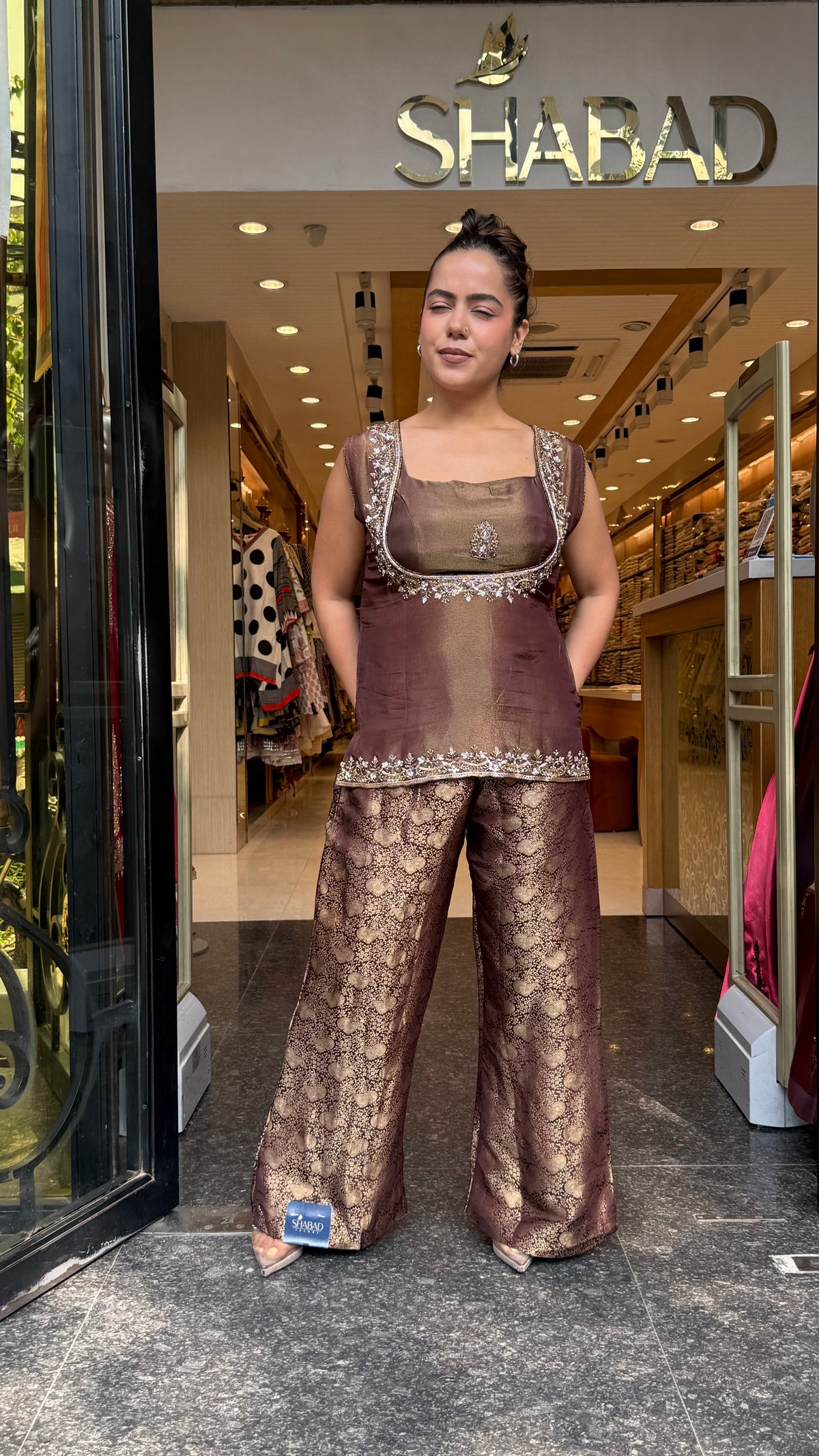 Shimmer Tissue Shirt & Blouse with Brocade Pants | Dabka & Cutdana Embellished Coord Set