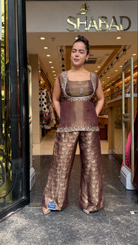 Shimmer Tissue Shirt & Blouse with Brocade Pants | Dabka & Cutdana Embellished Coord Set