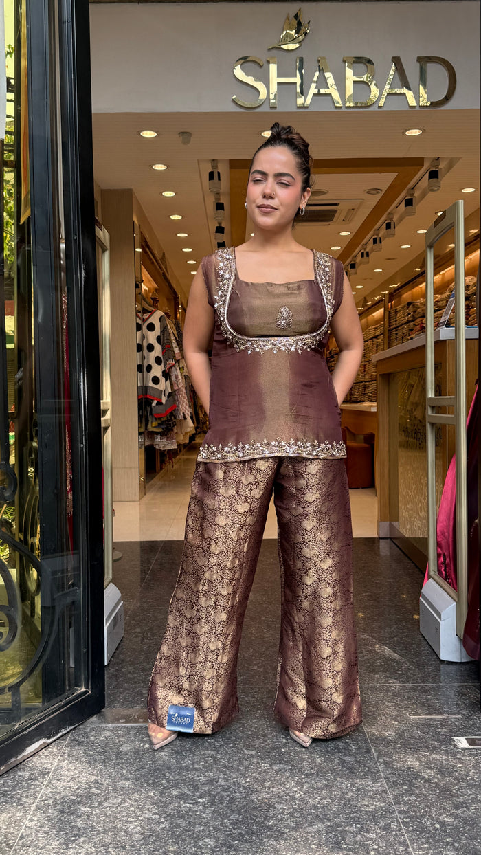 Shimmer Tissue Shirt & Blouse with Brocade Pants | Dabka & Cutdana Embellished Coord Set