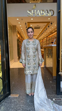 Luxury Shimmer Tissue Suit Set with Beads Jewellery & Mirror Work
