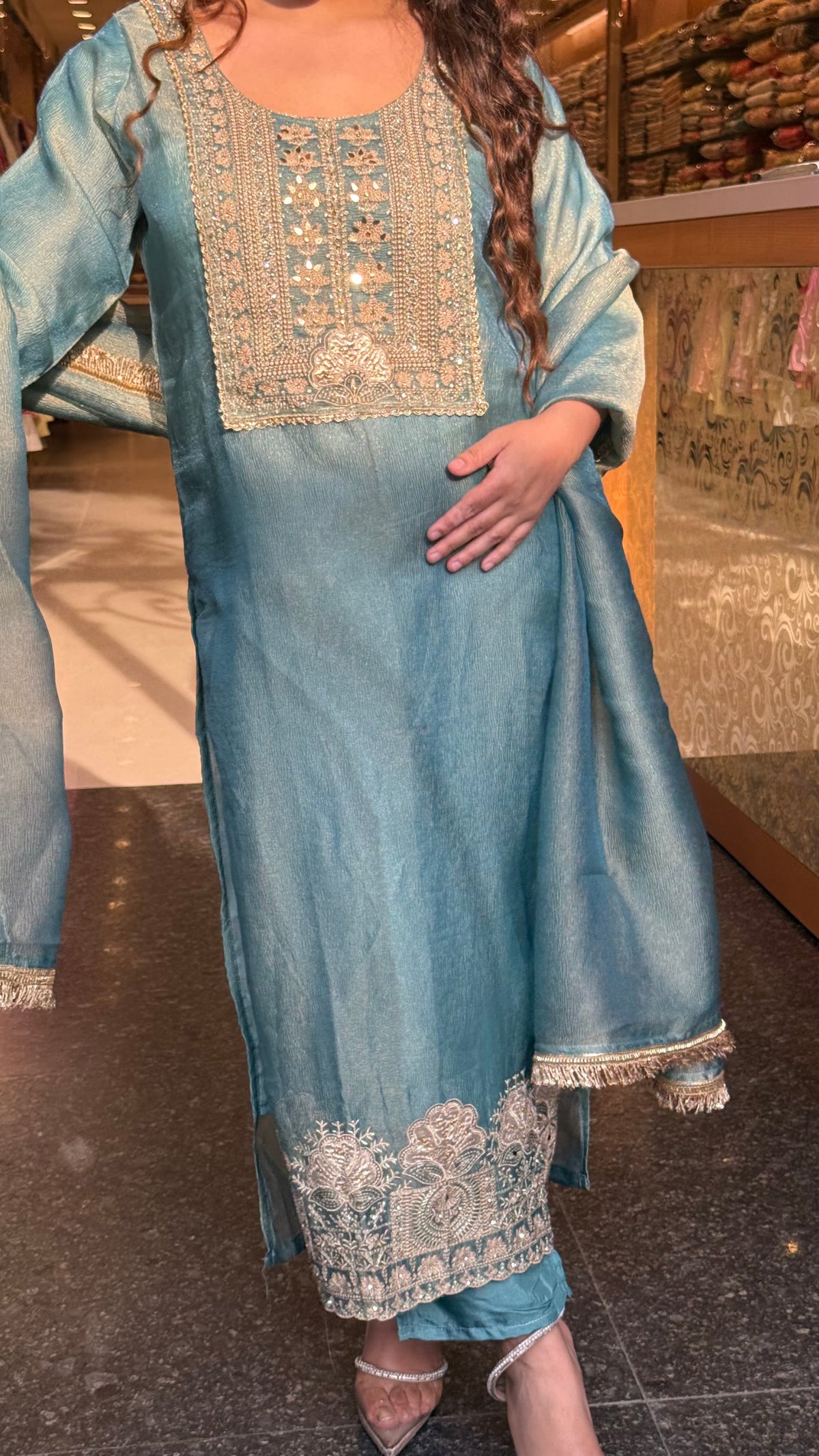 Budget-Friendly Shimmer Tissue Embroidered Suit Set with Thread & Jarkan Work