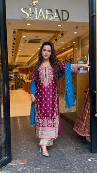 Long Pakistani Suit Set in Satin Silk with Beads Handwork (Copy)