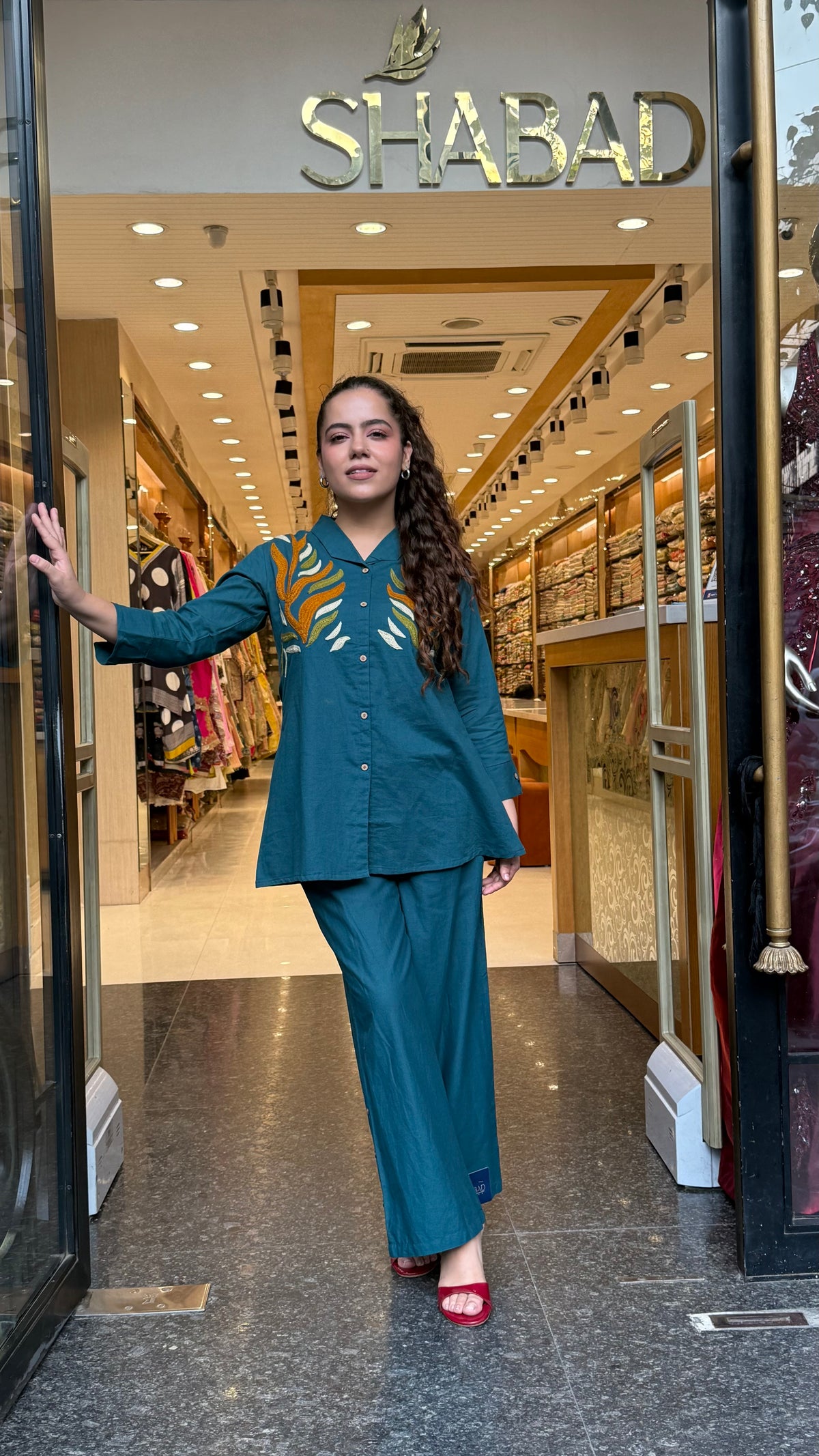 Women’s Cotton Jacket Suit Set with Farshi Salwar | Thread Embroidery Neckline | Sizes Up to 46