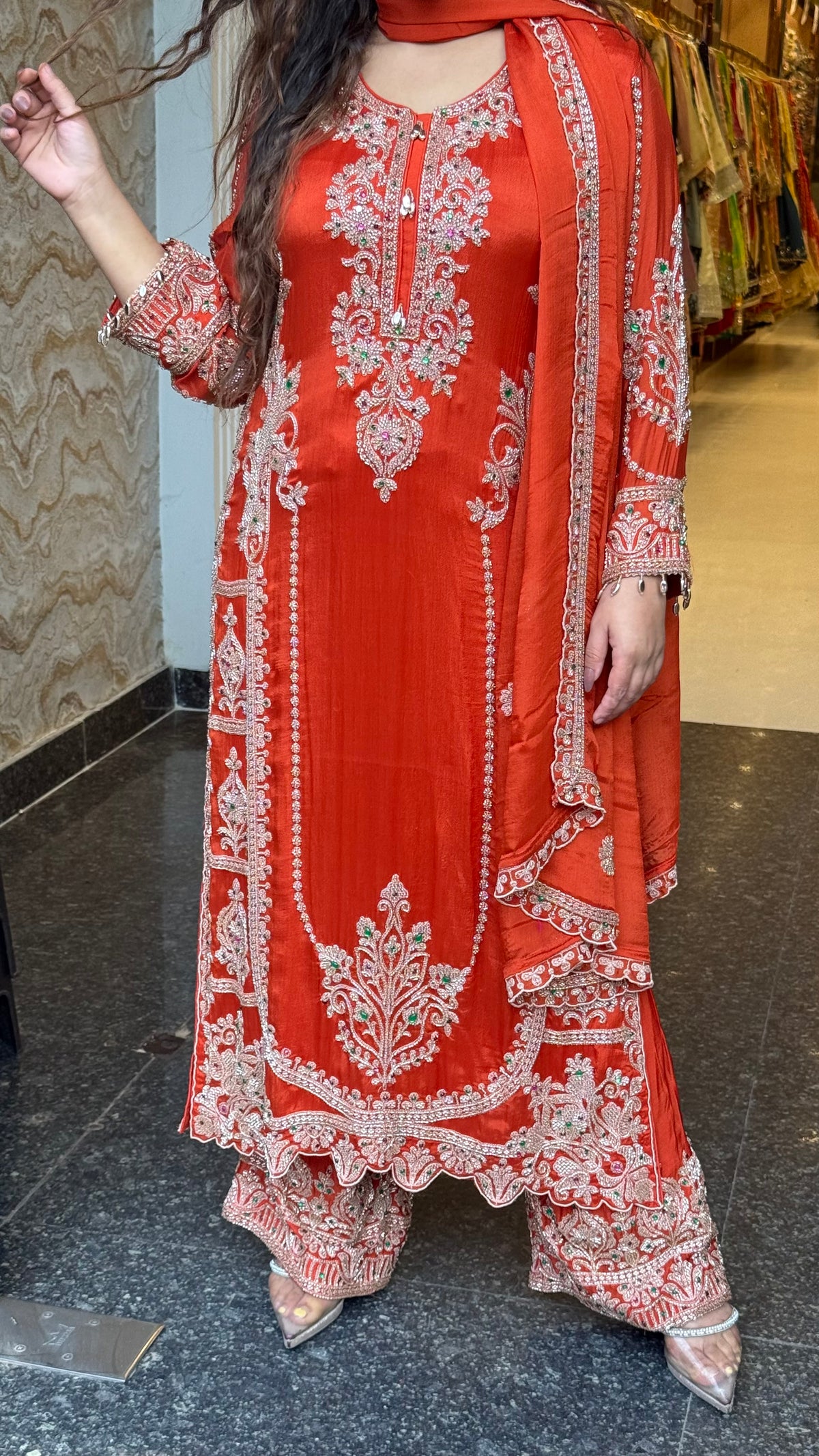 Designer Chinon Suit Set with Intricate Beads Work | Sizes Up to 42