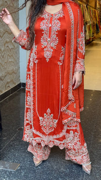 Designer Chinon Suit Set with Intricate Beads Work | Sizes Up to 42