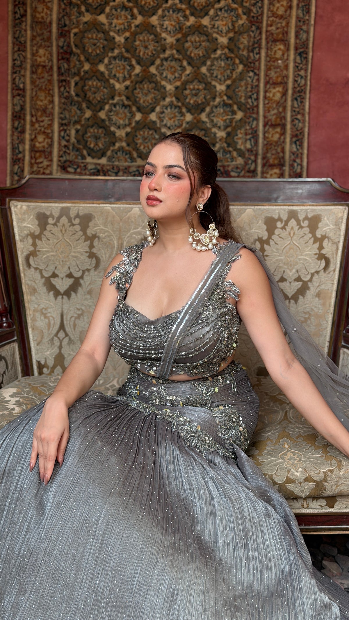 Shimmer Tissue Embellished Lehenga with Stone, Sequin, Pearl & Swarovski Cutdana Work