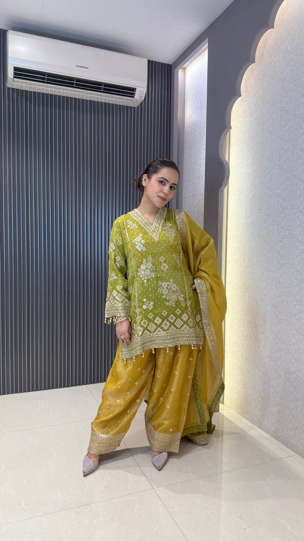 Shimmer Tissue Heavy Suit with Neam Zari Work | Party Wear Collection