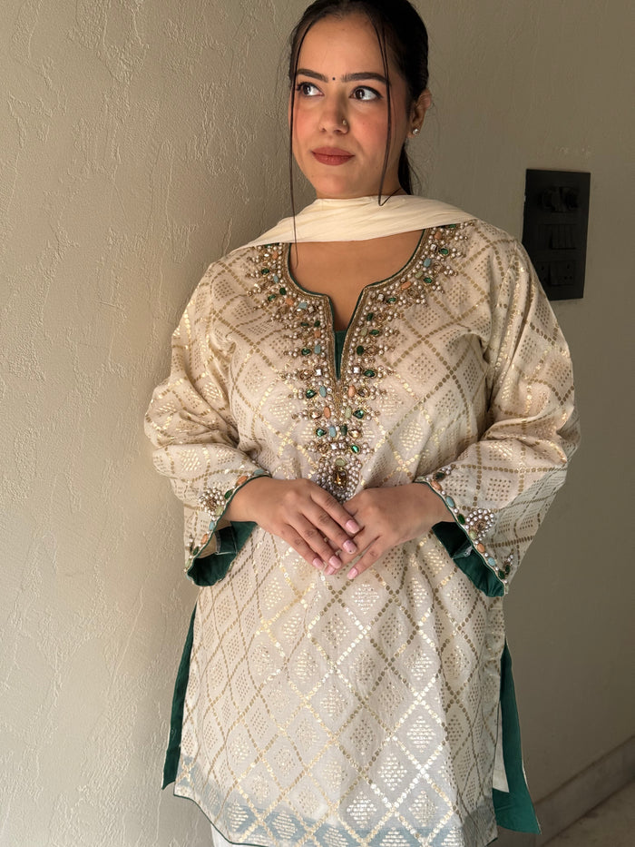 Banarasi Co-ord Set with Kundan & Dabka Hand-Embroidered Neckline