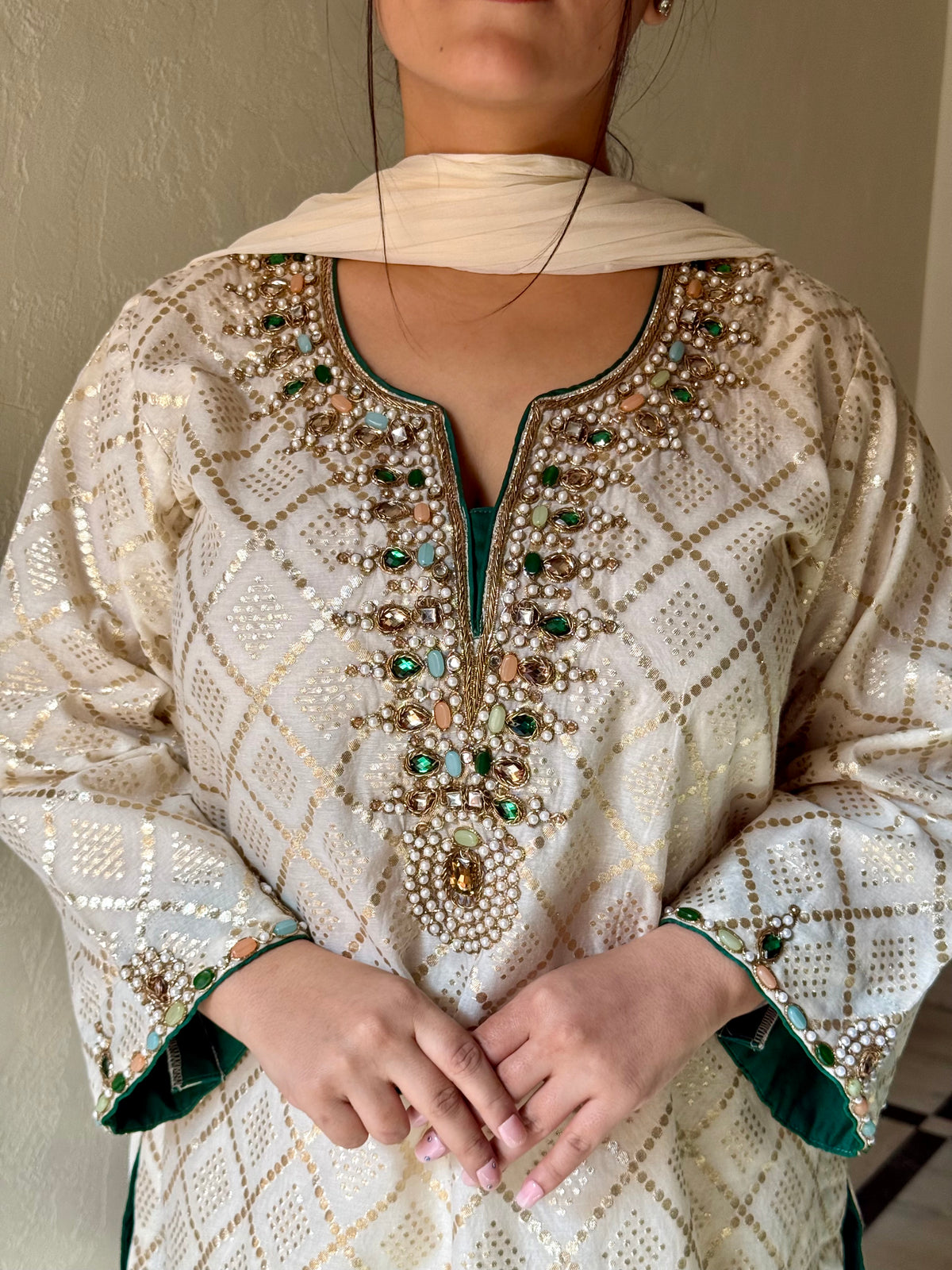 Banarasi Co-ord Set with Kundan & Dabka Hand-Embroidered Neckline