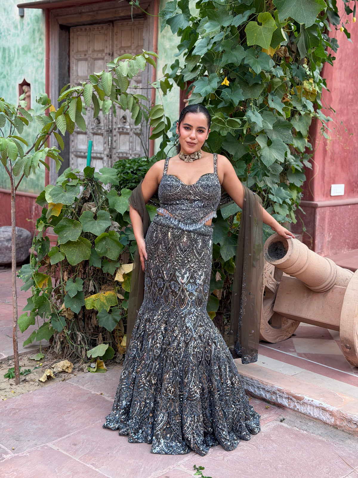 Handwork Fish Cut Lehenga with Beaded & Cutdana Blouse