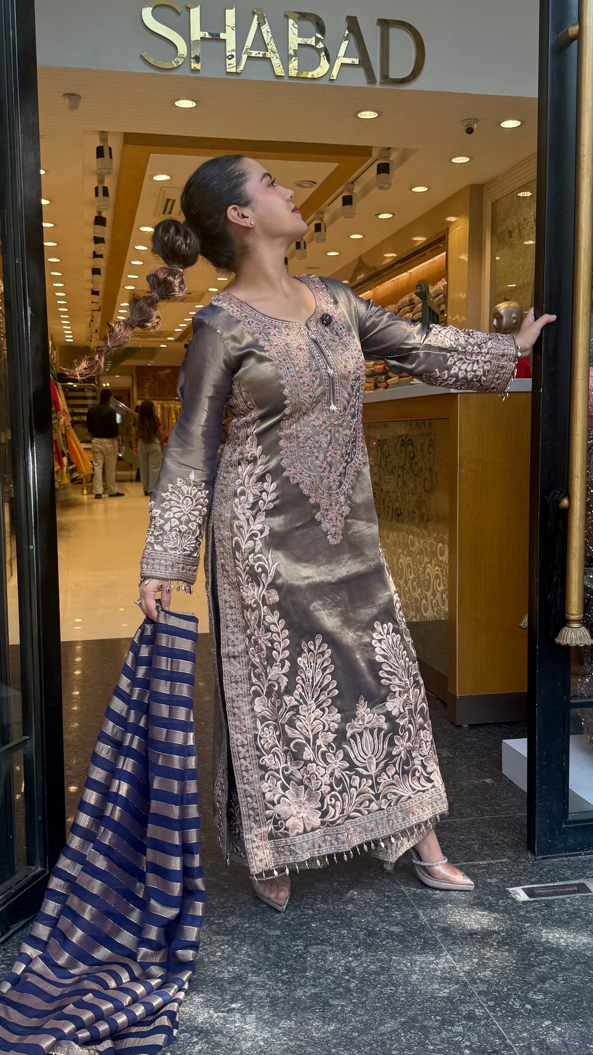 Designer Shimmer Tissue Suit Set with Thread Embroidery Beads & Multicolour Stone Work ( 46 size sides will be plain customisation available if handwork needed )