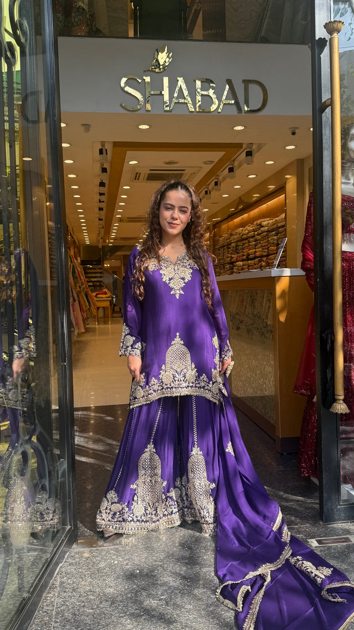 Designer Chinon Suit Set with Dori, Sequin, Pearl & Mirror Work