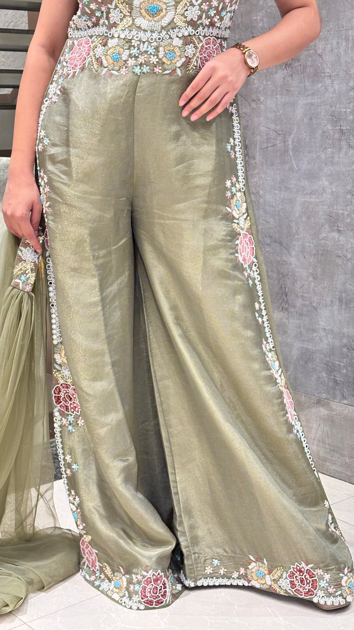 Handworked Designer Jumpsuit –Thread embroidery with pearl dabka and sequin work detailing silk fabric
