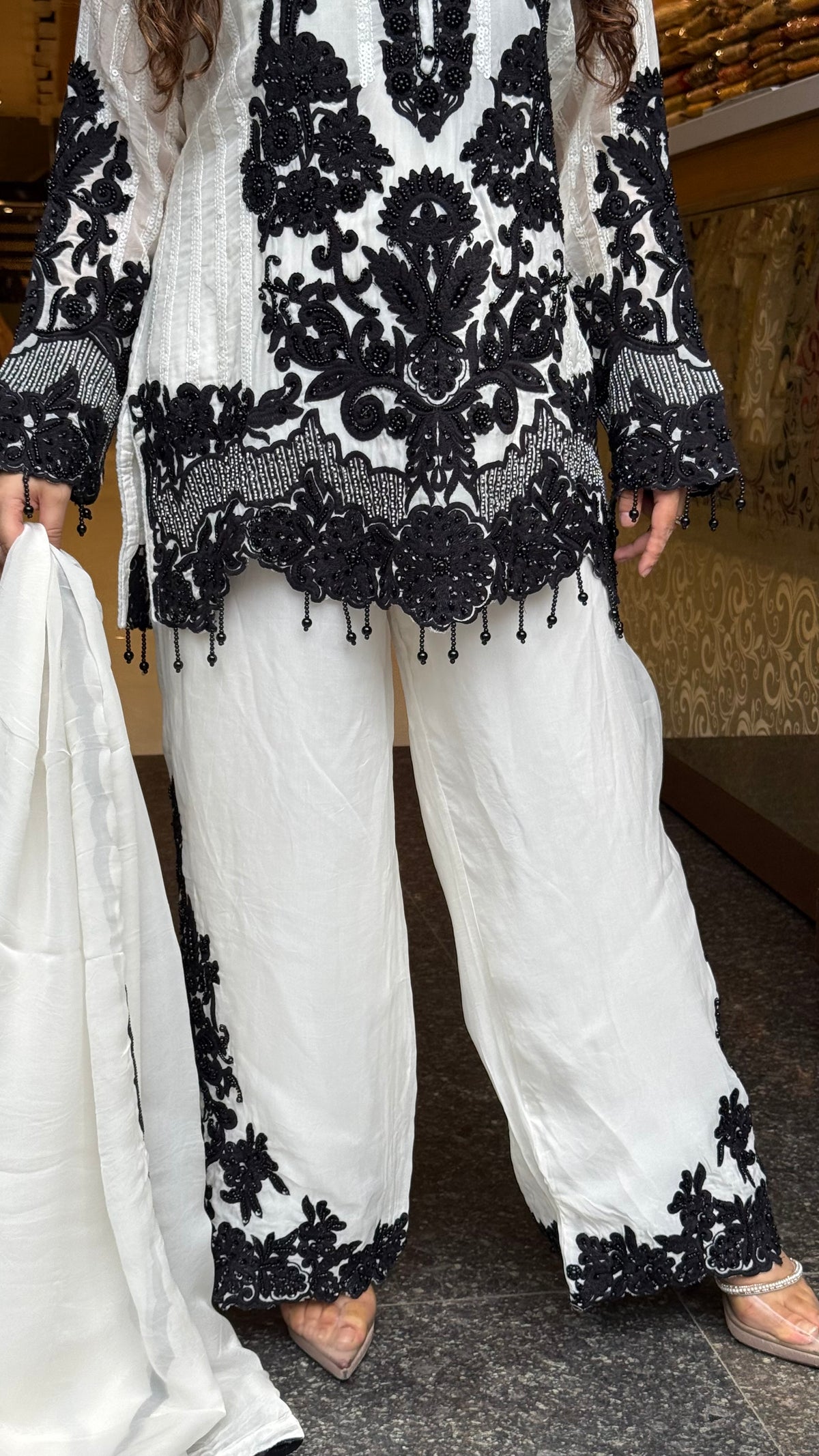 Designer Short Pakistani Suit Set with Sequin, Thread Embroidery & Pearl Detailing | upto size 44