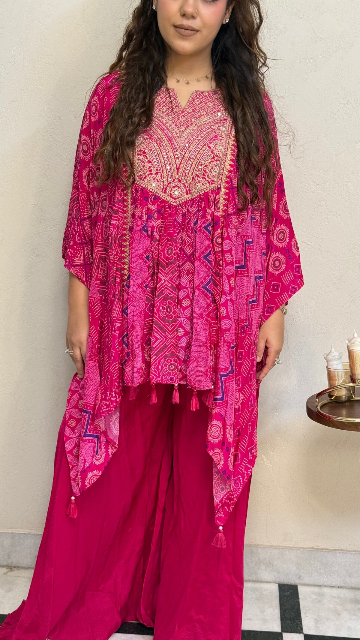 Bandhani Print Crepe Co-ord Set with Dori, Pearl, Sequin & Mirror Work