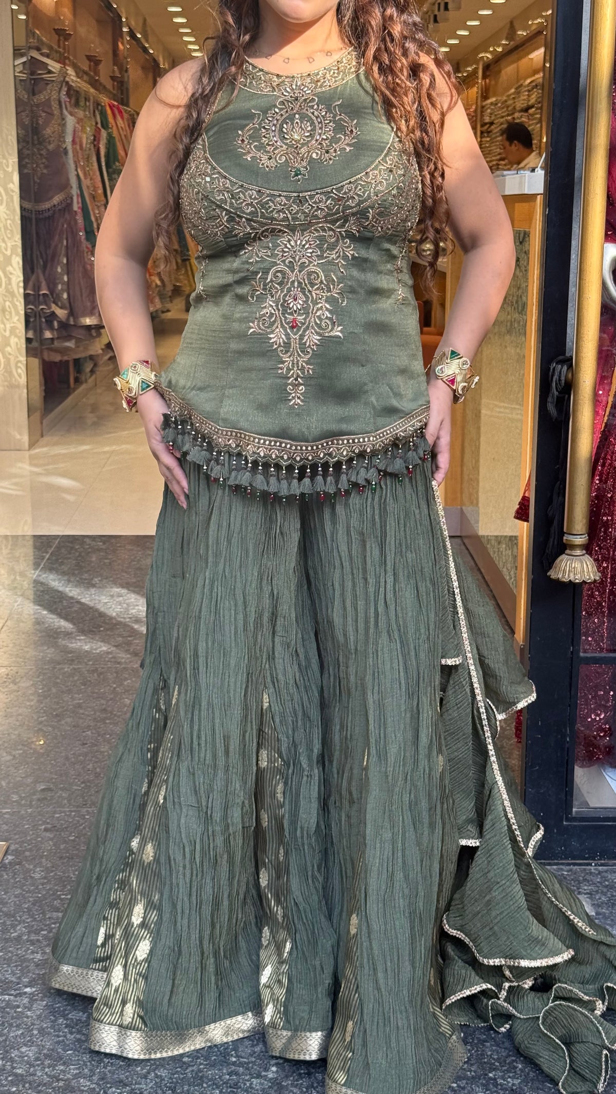 Designer Shimmer Silk Indo-Western Set with Handwork & Crush Tissue Bottom