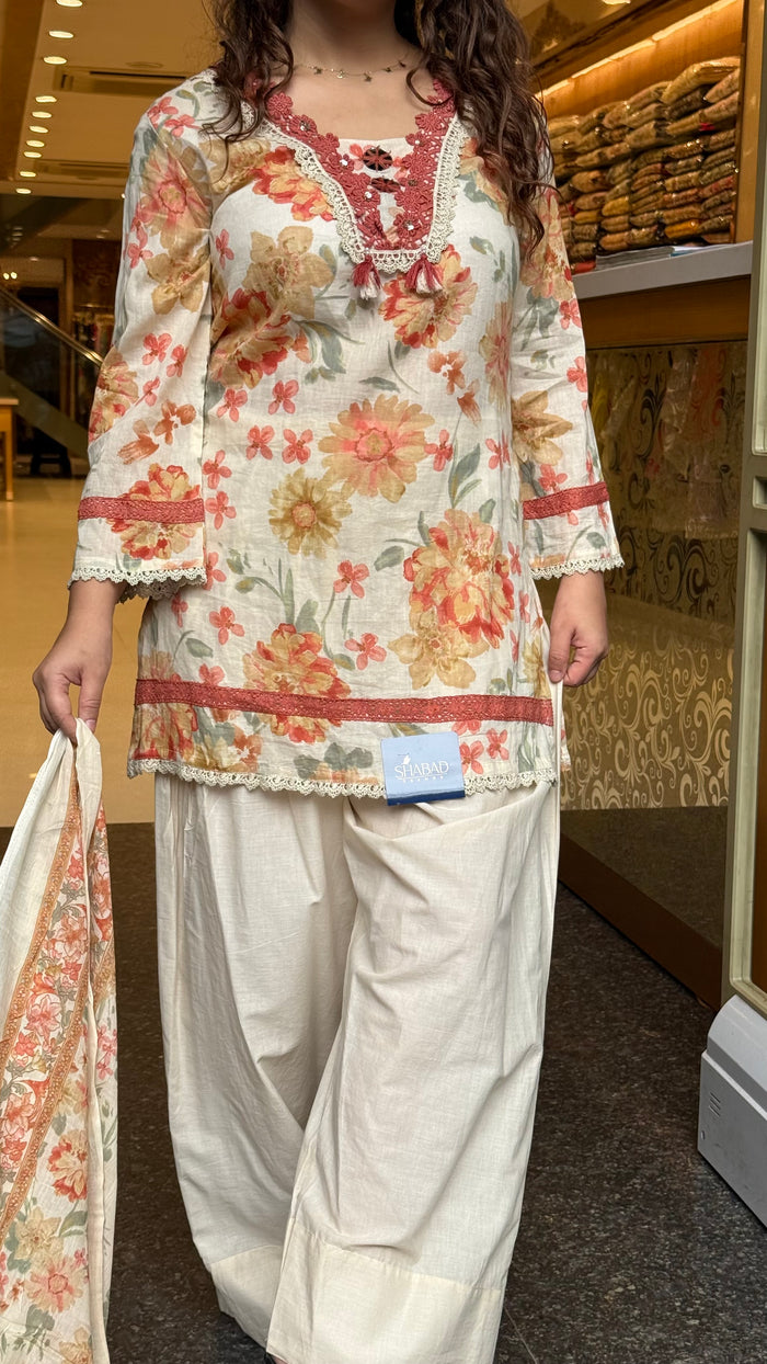 Budget-Friendly Printed Cotton Suit Set with Farshi Salwar & Mirror Lace Neckline | Up to Size 46