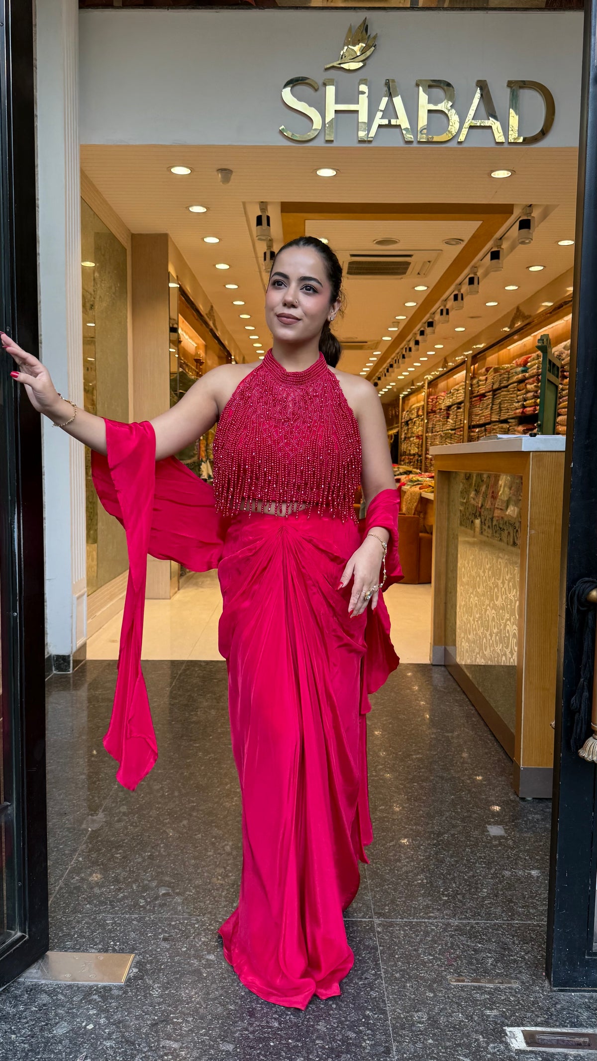 Elegant Crepe Drape Saree with Pearl Tassel Blouse – Designer Ethnic Wear