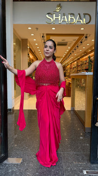 Elegant Crepe Drape Saree with Pearl Tassel Blouse – Designer Ethnic Wear