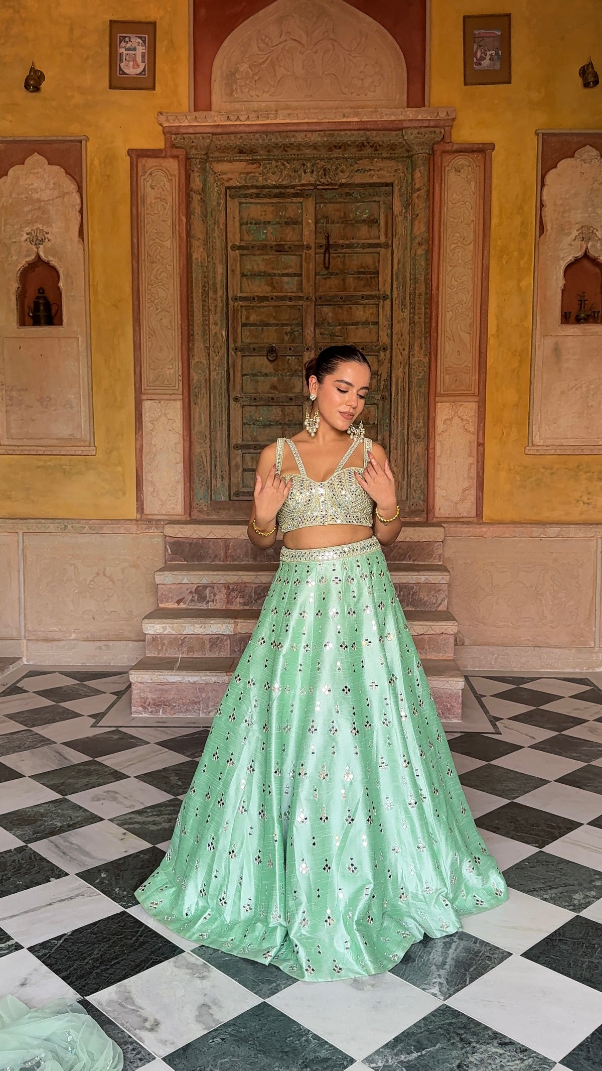Elegant Raw Silk Lehenga with Intricate Mirror Work