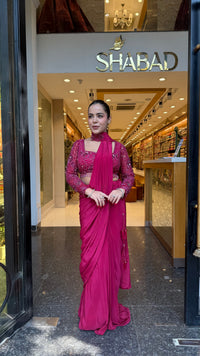 Elegant Crepe Drape Saree with Handwork Blouse – Designer Drape Collection
