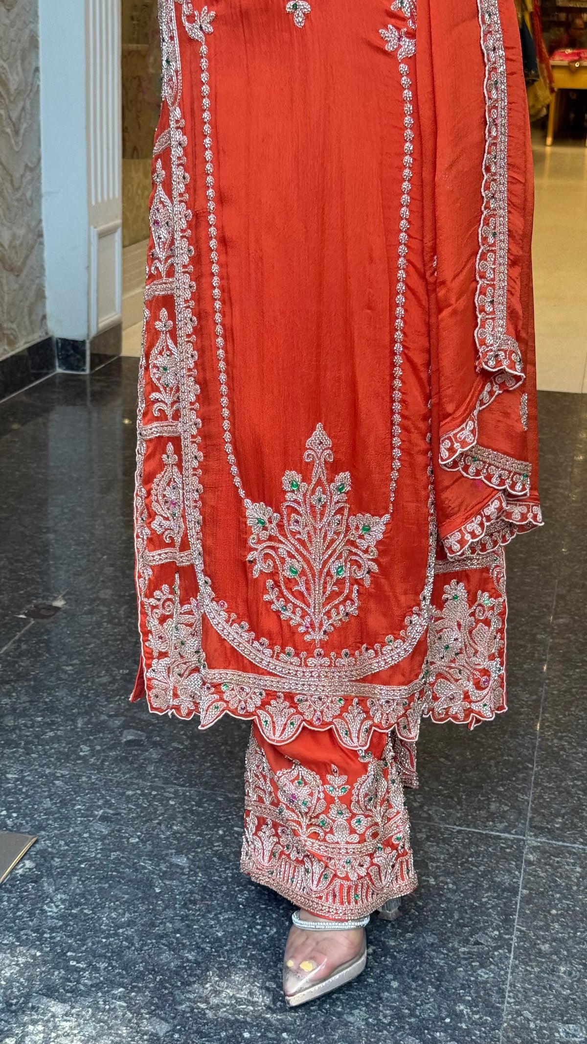 Designer Chinon Suit Set with Intricate Beads Work | Sizes Up to 42