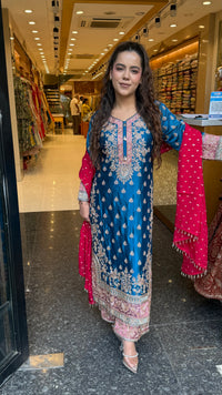Long Pakistani Suit Set in Satin Silk with Beads Handwork