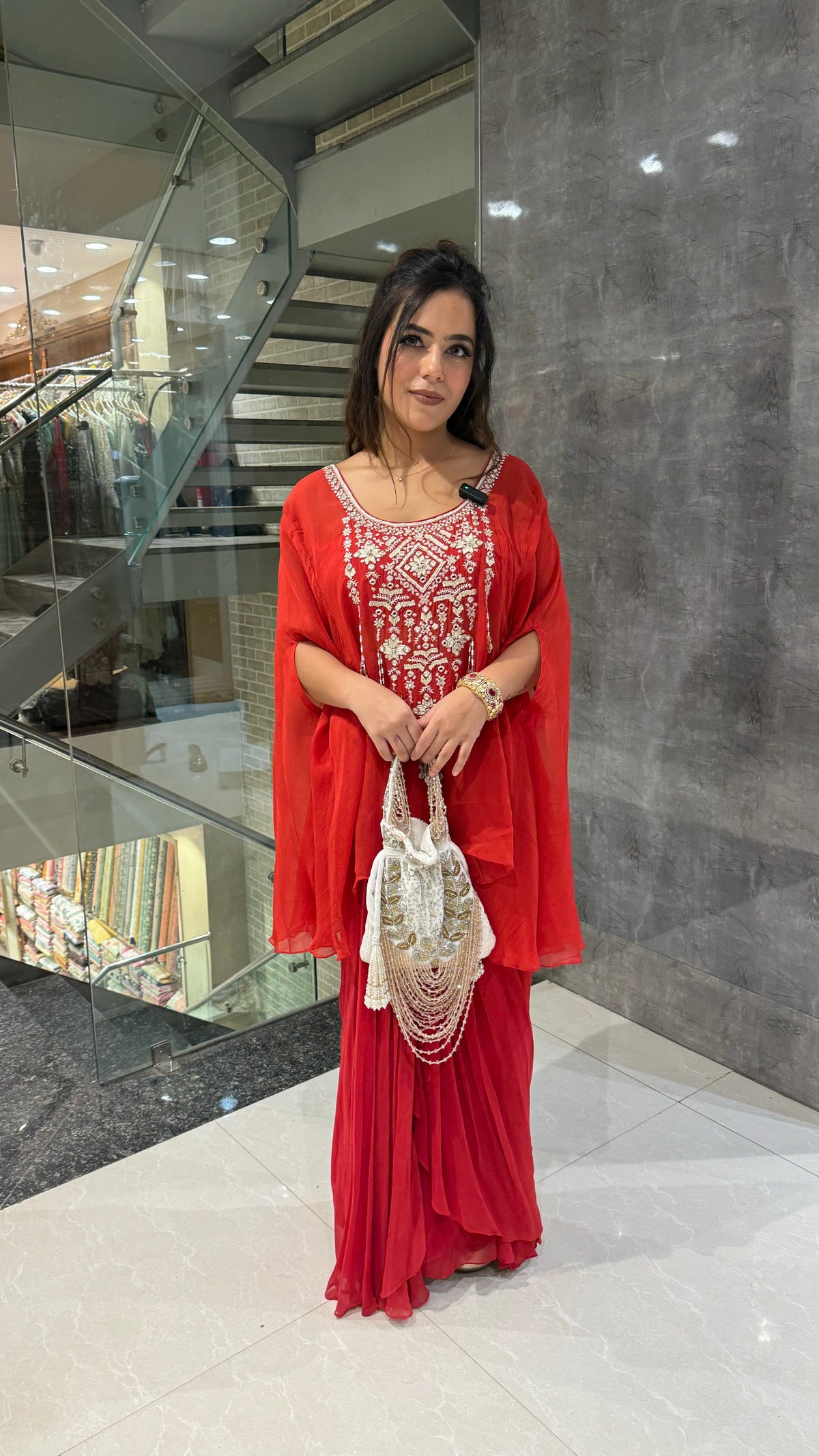 Gold Embellished Organza Kaftan Set with Crepe Bottom