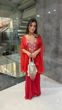 Gold Embellished Organza Kaftan Set with Crepe Bottom