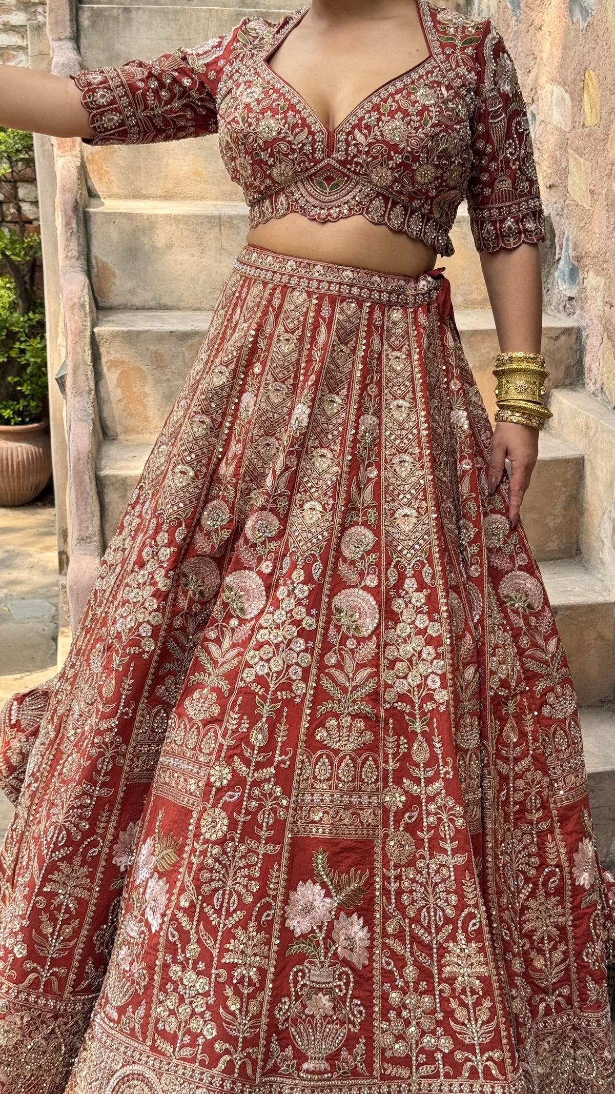 Pure Raw Silk Dori & Thread Embroidered Lehenga with Pearl, Sequin & Stone Detailing